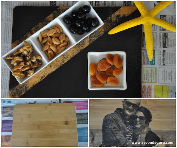 Old wooden cutting board to serving platter and photo frame