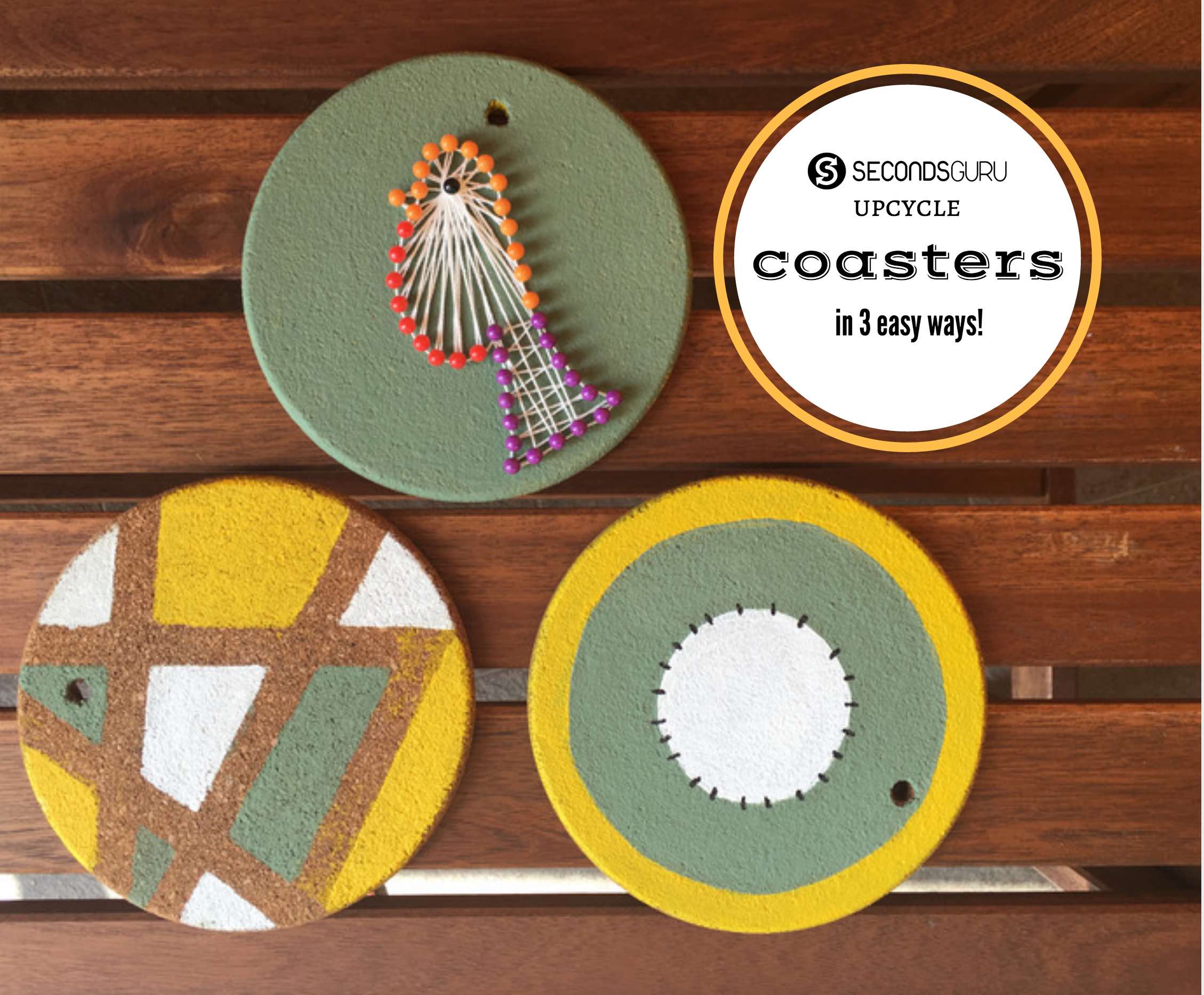 upcycle coasters with paint and thread art